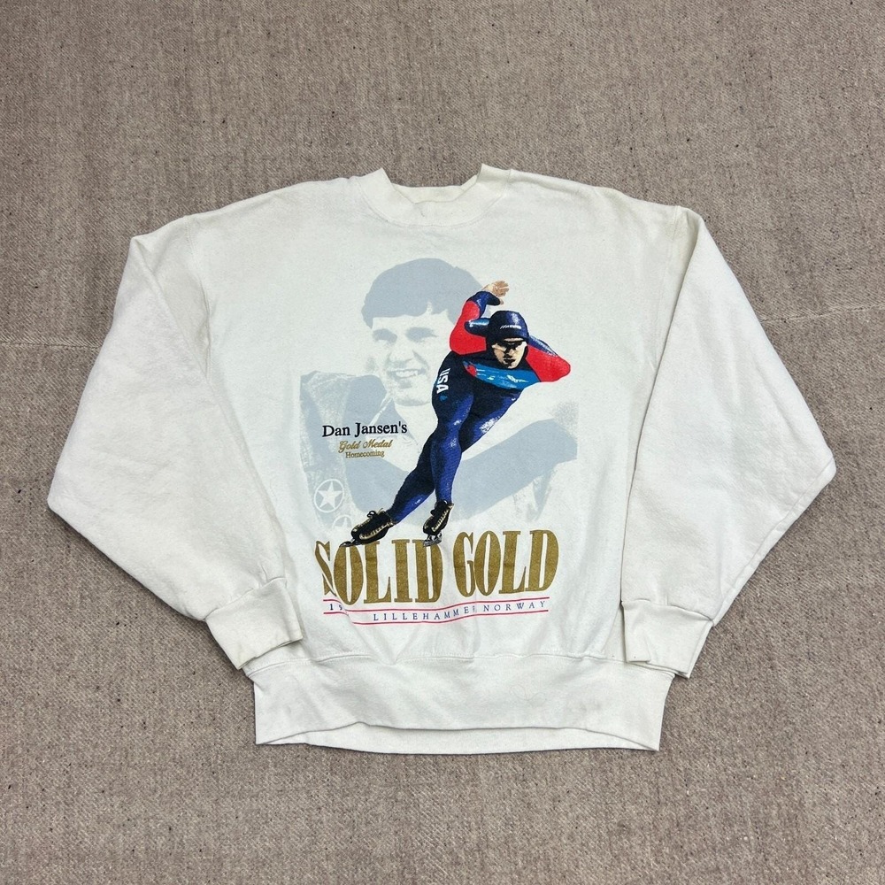 Vintage Dan Jansen's Sweatshirt Mens XL White 1990s Olympic Gold Medal Skating